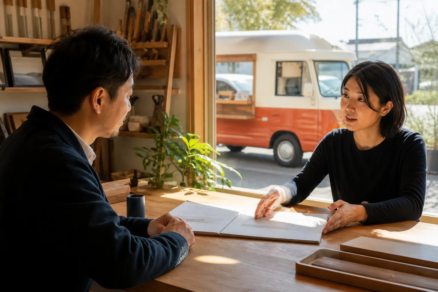 車両について相談・打ち合わせをしている様子