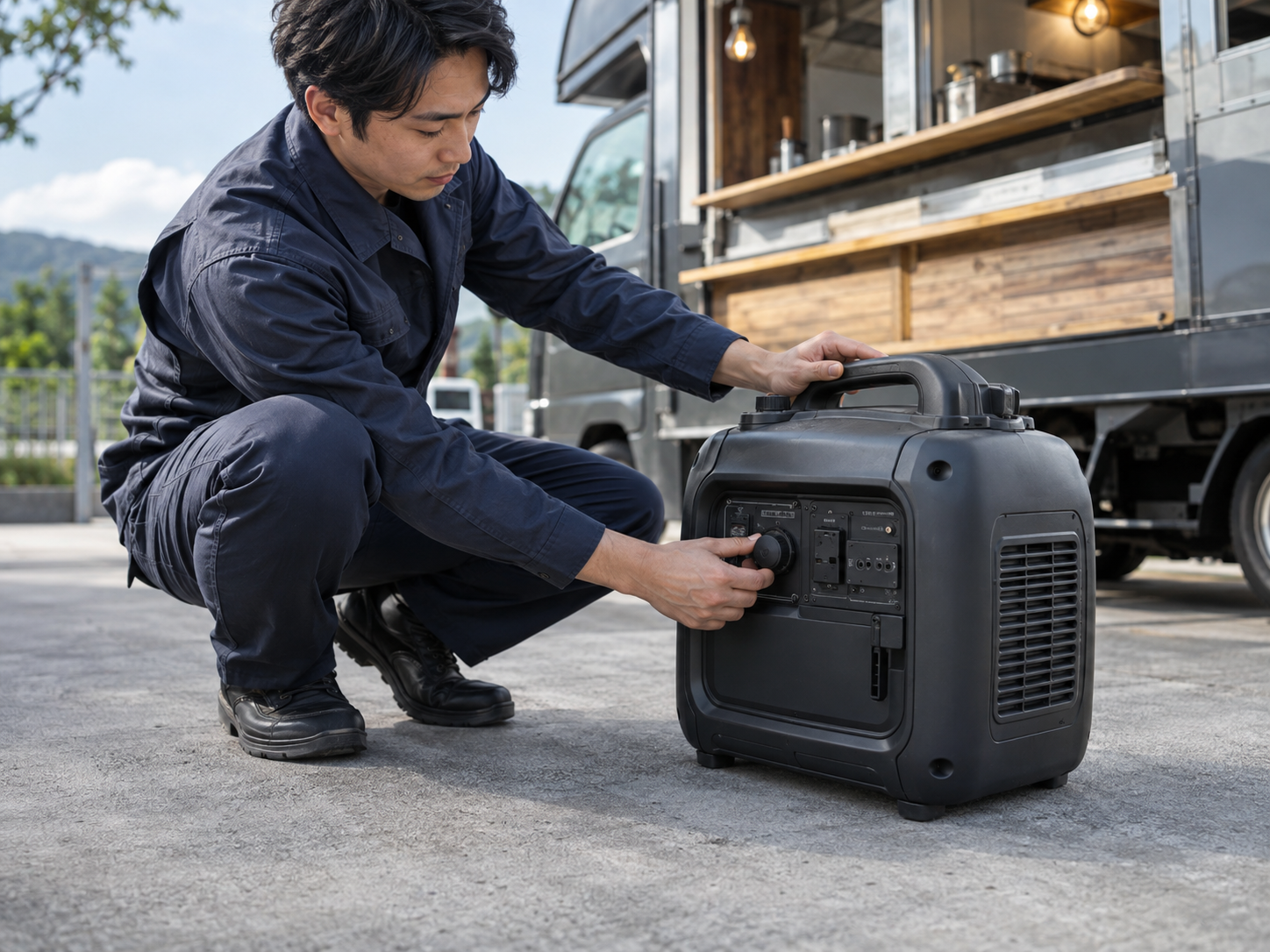 キッチンカーの屋外で発電機を操作・点検するスタッフ(AI生成イメージ)
